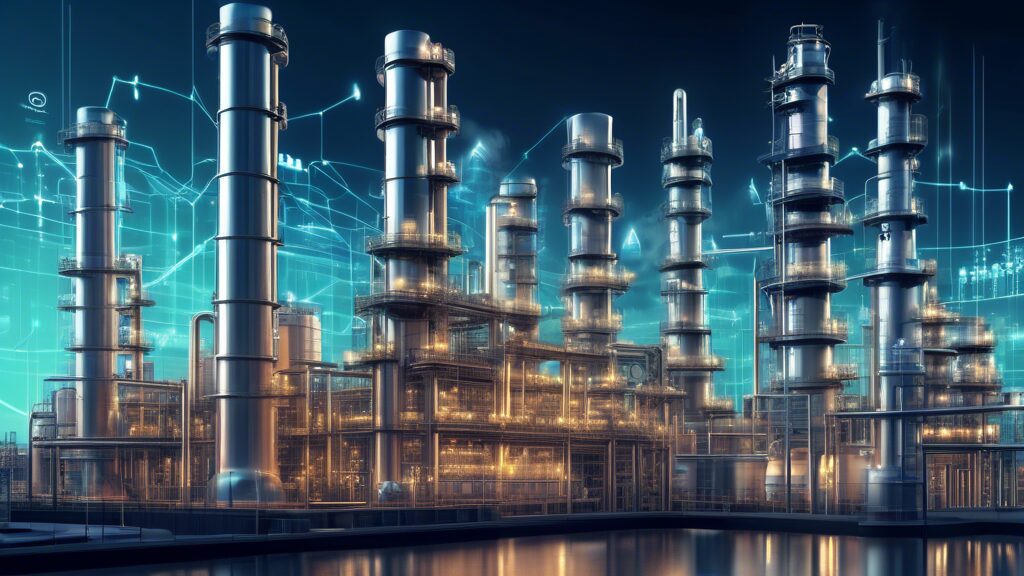 Create an image that visually represents asset management for oil assets. The picture shows a modern oil refinery with towering infrastructure interwoven with digital elements such as data charts, gra