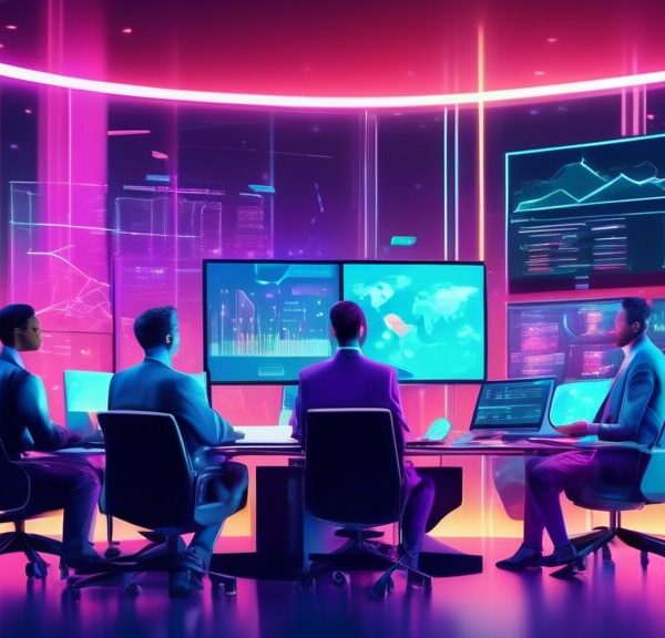 A futuristic office scene with diverse financial analysts using advanced AI technology on holographic screens to assess and manage asset risks, with graphs, charts, and data visualizations in the back