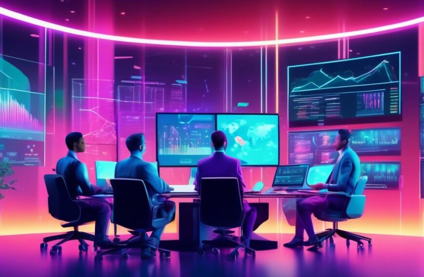 A futuristic office scene with diverse financial analysts using advanced AI technology on holographic screens to assess and manage asset risks, with graphs, charts, and data visualizations in the back