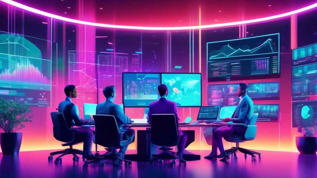 A futuristic office scene with diverse financial analysts using advanced AI technology on holographic screens to assess and manage asset risks, with graphs, charts, and data visualizations in the back