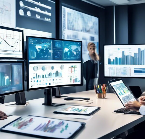 Create an image of a modern, high-tech office environment where diverse professionals collaboratively analyze data displayed on multiple large screens. These screens should show graphs, charts, and me