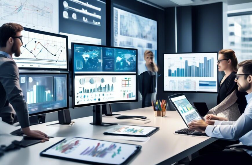 Create an image of a modern, high-tech office environment where diverse professionals collaboratively analyze data displayed on multiple large screens. These screens should show graphs, charts, and me