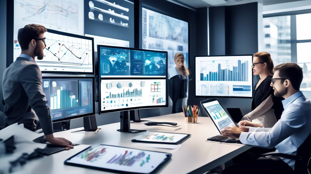 Create an image of a modern, high-tech office environment where diverse professionals collaboratively analyze data displayed on multiple large screens. These screens should show graphs, charts, and me