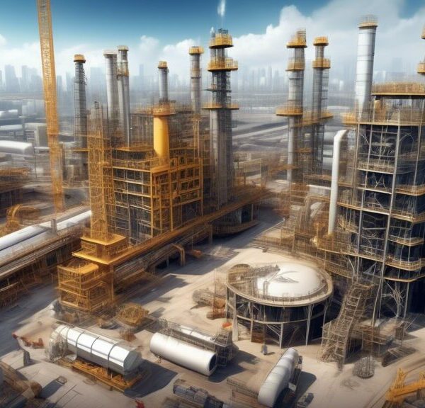 Create an image depicting civil engineering challenges in oil projects. Showcase a bustling construction site in an oil refinery, with complex structural frameworks, massive machinery, and pipelines w