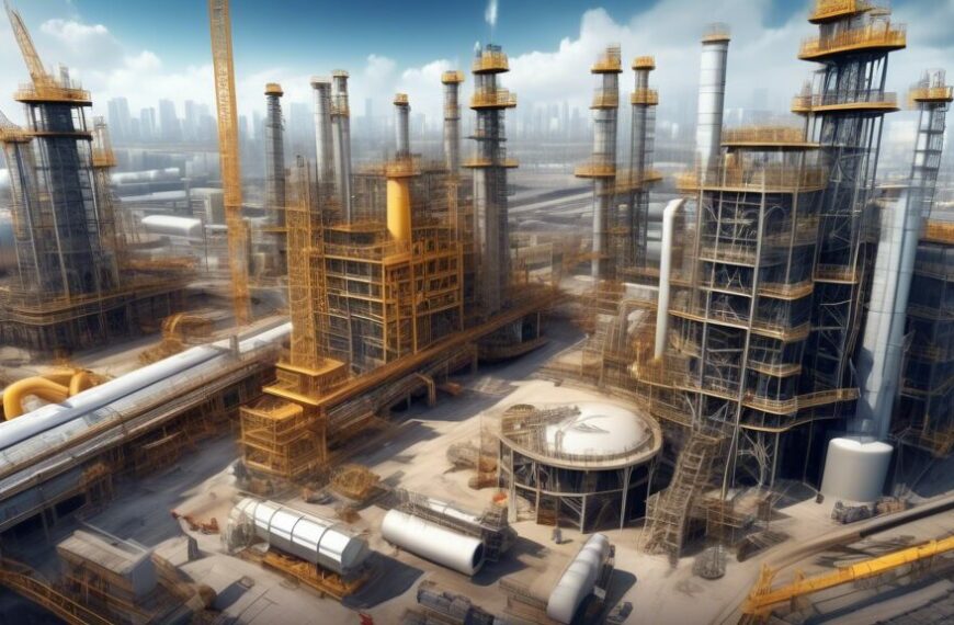 Create an image depicting civil engineering challenges in oil projects. Showcase a bustling construction site in an oil refinery, with complex structural frameworks, massive machinery, and pipelines w