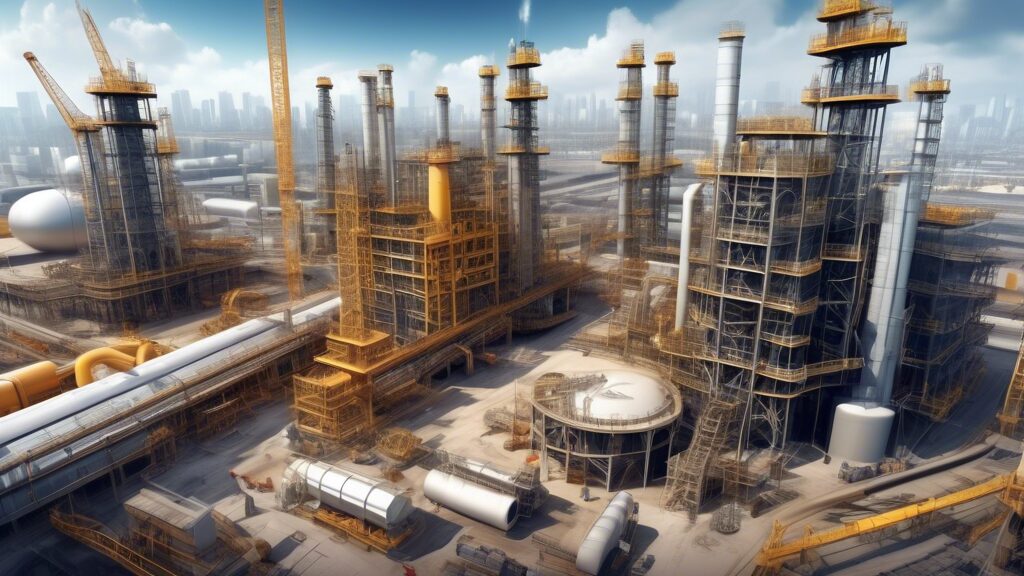 Create an image depicting civil engineering challenges in oil projects. Showcase a bustling construction site in an oil refinery, with complex structural frameworks, massive machinery, and pipelines w