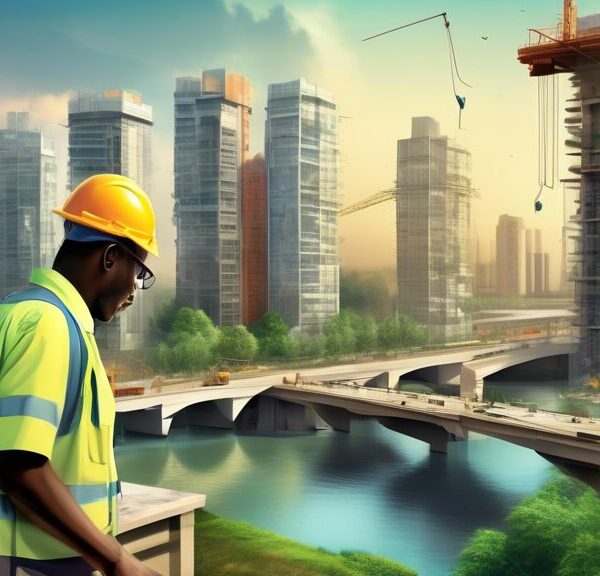 Create an image showcasing innovative civil engineering projects in Nigeria. Highlight modern infrastructure such as cutting-edge bridges, high-tech skyscrapers, and sustainable urban planning. Depict