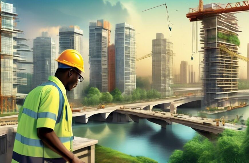 Create an image showcasing innovative civil engineering projects in Nigeria. Highlight modern infrastructure such as cutting-edge bridges, high-tech skyscrapers, and sustainable urban planning. Depict