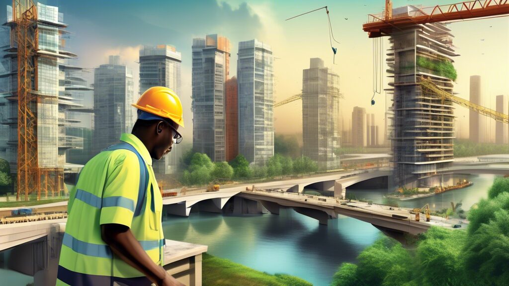 Create an image showcasing innovative civil engineering projects in Nigeria. Highlight modern infrastructure such as cutting-edge bridges, high-tech skyscrapers, and sustainable urban planning. Depict