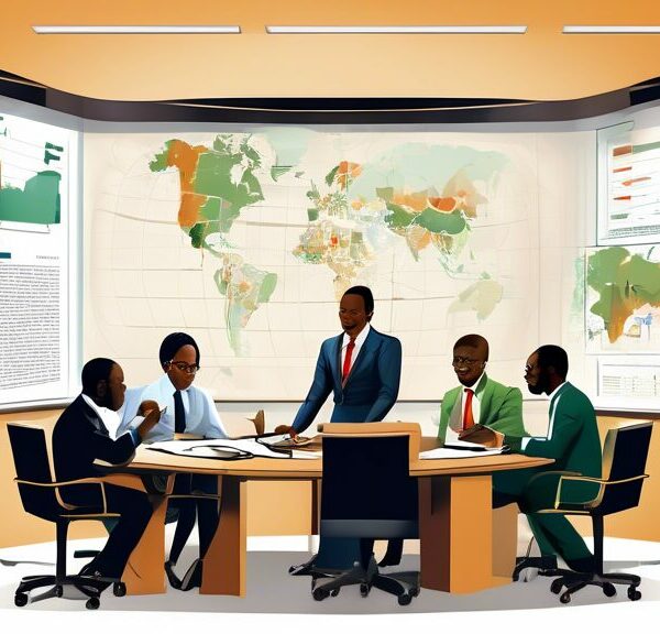 Create an image of business professionals from various backgrounds in a modern office setting, discussing strategies and reviewing documents related to Nigerian oil firms. Include elements such as cha