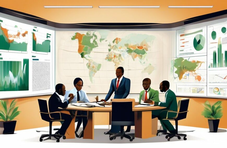 Create an image of business professionals from various backgrounds in a modern office setting, discussing strategies and reviewing documents related to Nigerian oil firms. Include elements such as cha