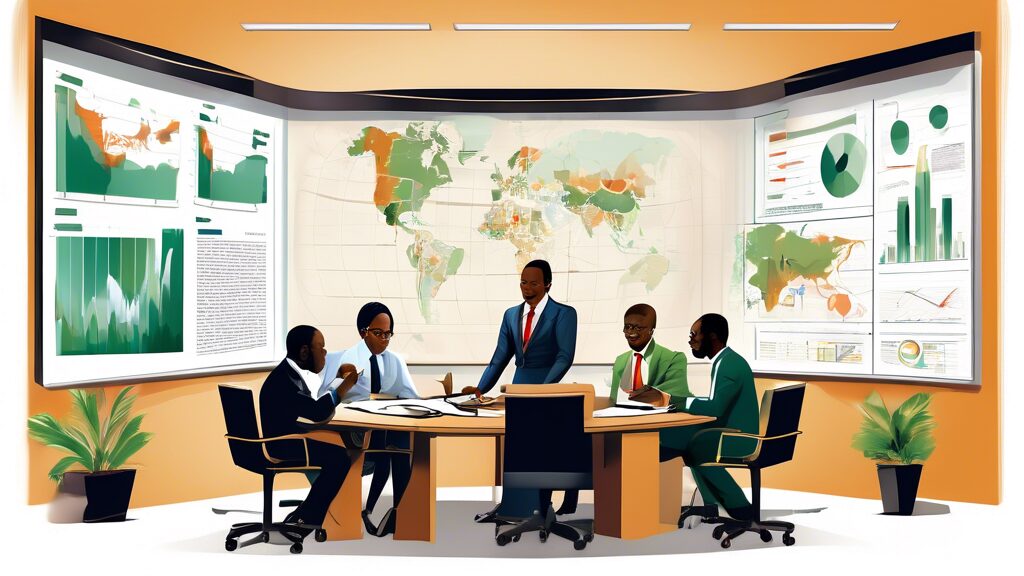 Create an image of business professionals from various backgrounds in a modern office setting, discussing strategies and reviewing documents related to Nigerian oil firms. Include elements such as cha