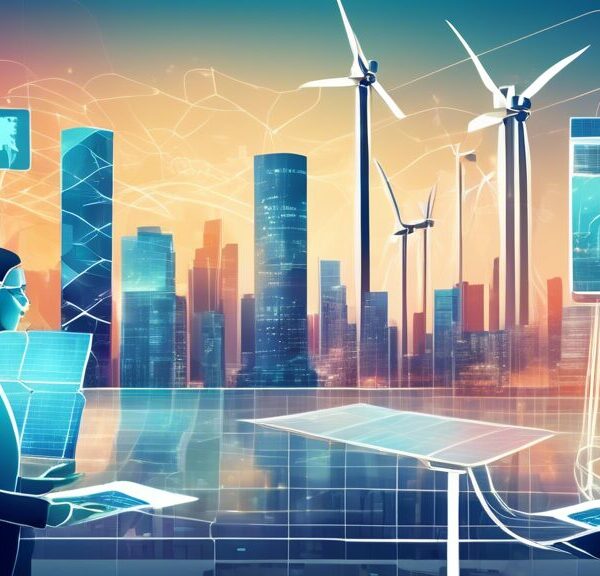 Create a visually engaging illustration that depicts a futuristic energy market. Include elements like advanced data analytics dashboards, smart grids, solar panels, wind turbines, and power plants. I