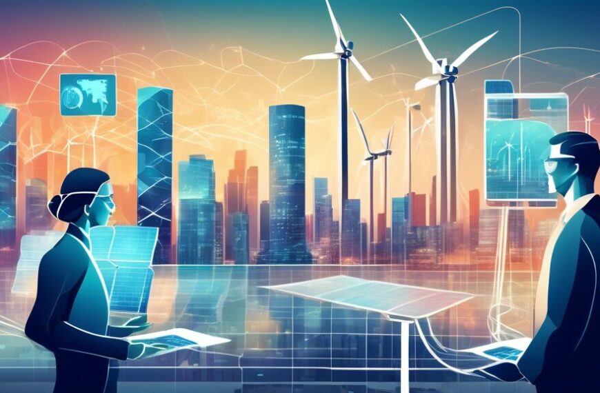 Create a visually engaging illustration that depicts a futuristic energy market. Include elements like advanced data analytics dashboards, smart grids, solar panels, wind turbines, and power plants. I