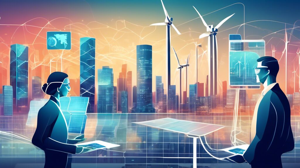 Create a visually engaging illustration that depicts a futuristic energy market. Include elements like advanced data analytics dashboards, smart grids, solar panels, wind turbines, and power plants. I