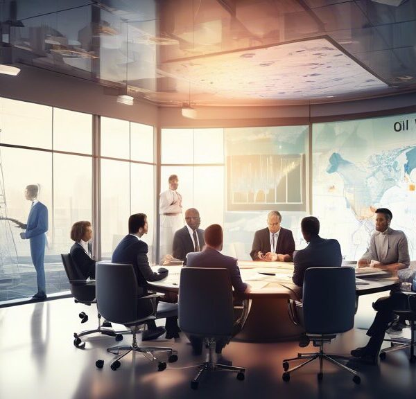 Create an image depicting a strategic planning meeting for a new oil venture. Include a diverse group of professionals in a modern conference room, with charts, maps, and financial documents on the ta