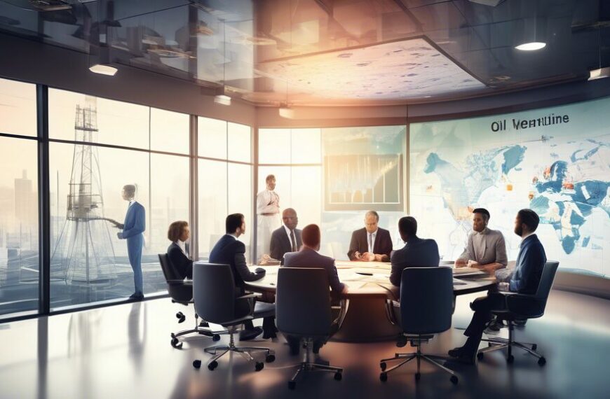 Create an image depicting a strategic planning meeting for a new oil venture. Include a diverse group of professionals in a modern conference room, with charts, maps, and financial documents on the ta