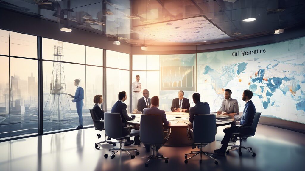 Create an image depicting a strategic planning meeting for a new oil venture. Include a diverse group of professionals in a modern conference room, with charts, maps, and financial documents on the ta