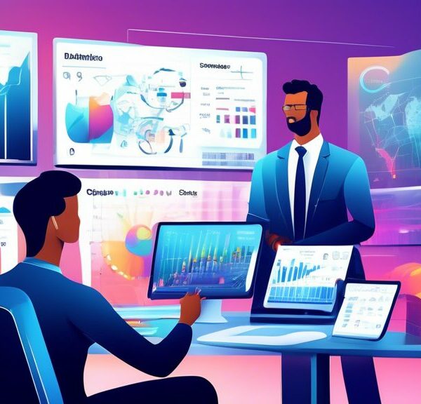 Create an illustration depicting a modern and sophisticated office setting with financial professionals working collaboratively at a large, high-tech digital dashboard. The dashboard displays various