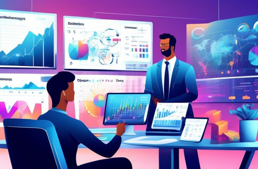 Create an illustration depicting a modern and sophisticated office setting with financial professionals working collaboratively at a large, high-tech digital dashboard. The dashboard displays various