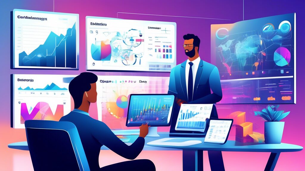 Create an illustration depicting a modern and sophisticated office setting with financial professionals working collaboratively at a large, high-tech digital dashboard. The dashboard displays various