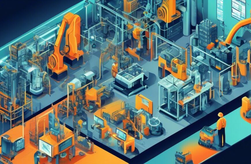 Create a detailed illustration showing modern industrial assets being monitored and optimized by advanced IT solutions. Include elements like computer screens with data analytics, engineers with table