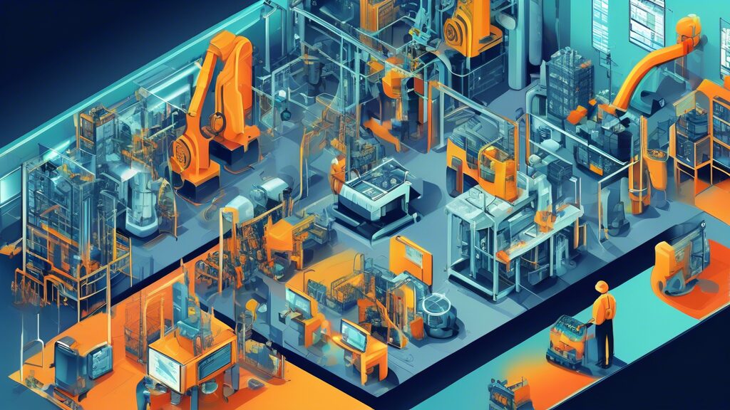 Create a detailed illustration showing modern industrial assets being monitored and optimized by advanced IT solutions. Include elements like computer screens with data analytics, engineers with table