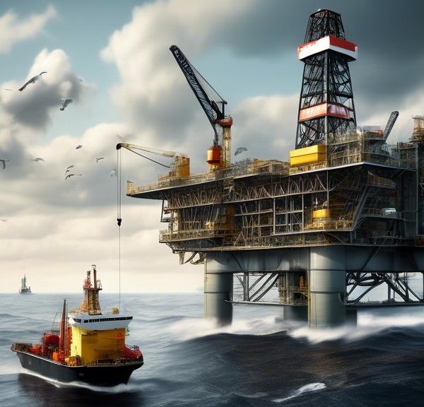 Create an image depicting an offshore oil drilling platform in the North Sea, with the Shell logo prominently displayed on the platform. The scene should include a large oil rig surrounded by vast ocean waves, with workers wearing safety gear and inspecting various parts of the equipment. The sky should be partly cloudy, with seagulls flying around, and a supply ship nearby delivering equipment and supplies.