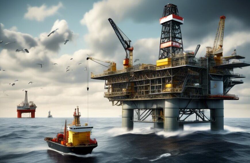 Create an image depicting an offshore oil drilling platform in the North Sea, with the Shell logo prominently displayed on the platform. The scene should include a large oil rig surrounded by vast ocean waves, with workers wearing safety gear and inspecting various parts of the equipment. The sky should be partly cloudy, with seagulls flying around, and a supply ship nearby delivering equipment and supplies.