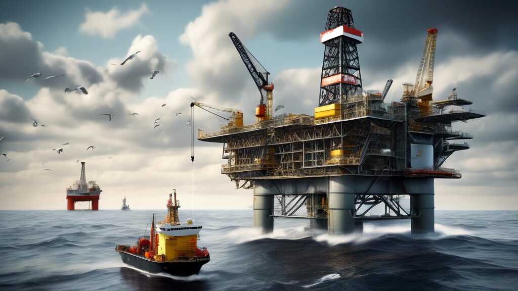 Create an image depicting an offshore oil drilling platform in the North Sea, with the Shell logo prominently displayed on the platform. The scene should include a large oil rig surrounded by vast ocean waves, with workers wearing safety gear and inspecting various parts of the equipment. The sky should be partly cloudy, with seagulls flying around, and a supply ship nearby delivering equipment and supplies.