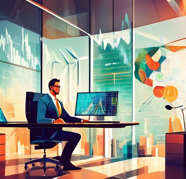 Create an image of a financial advisor in a modern office, surrounded by charts and graphs related to the energy sector. Display elements like wind turbines, solar panels, and oil rigs visible through