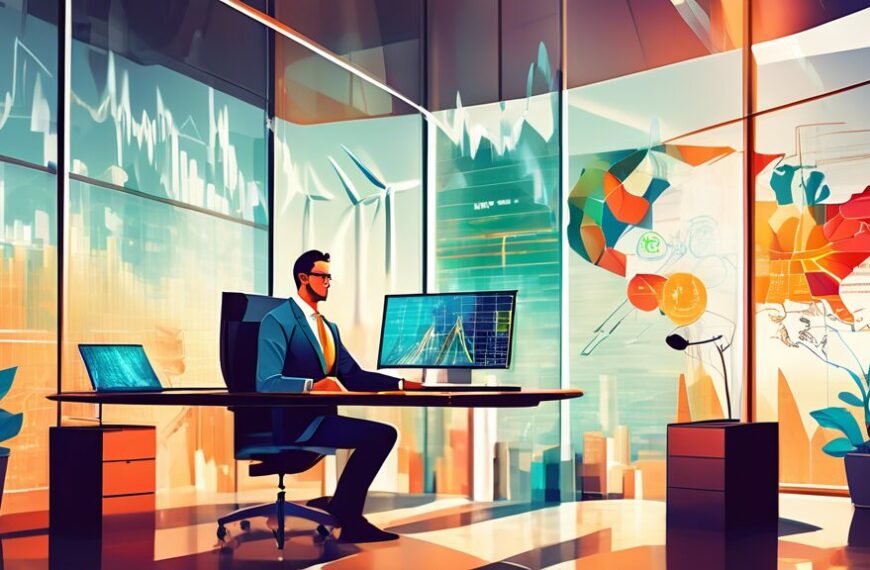 Create an image of a financial advisor in a modern office, surrounded by charts and graphs related to the energy sector. Display elements like wind turbines, solar panels, and oil rigs visible through