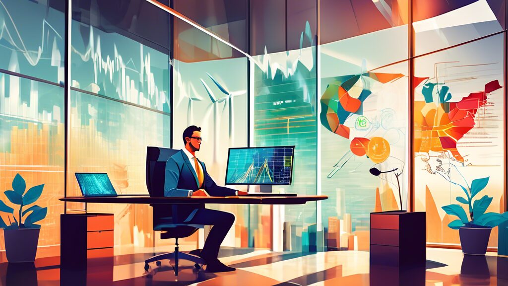 Create an image of a financial advisor in a modern office, surrounded by charts and graphs related to the energy sector. Display elements like wind turbines, solar panels, and oil rigs visible through