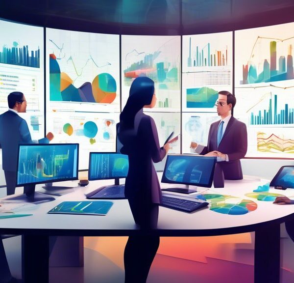 Generate an image that portrays a modern oil company headquarters with graphs and charts illustrating financial strategies. Highlight elements such as diverse energy portfolios, cost management, and i