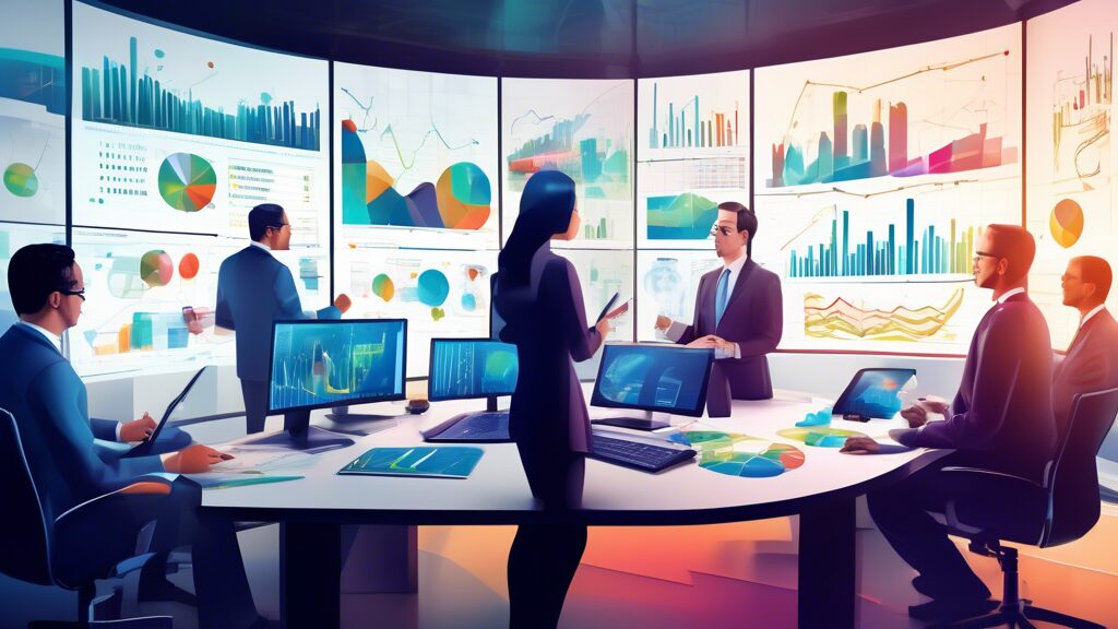 Generate an image that portrays a modern oil company headquarters with graphs and charts illustrating financial strategies. Highlight elements such as diverse energy portfolios, cost management, and i