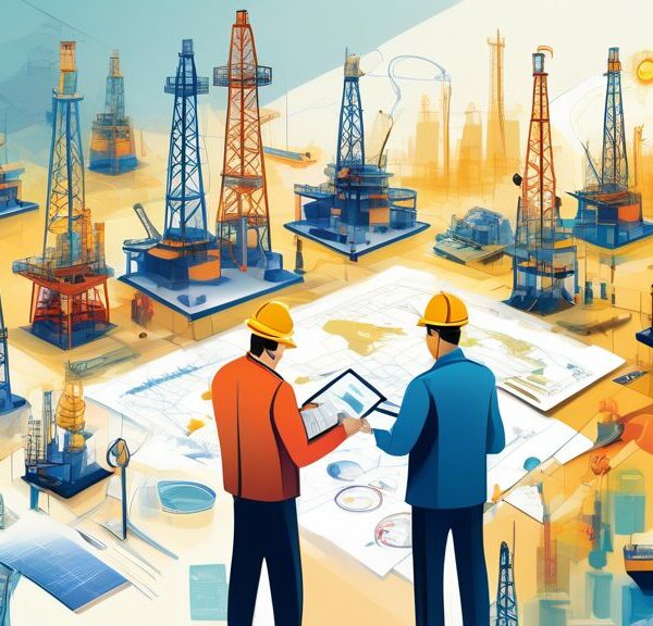 Create a detailed illustration of professionals in a corporate setting evaluating different aspects of oil and gas development projects. They are surrounded by charts, maps, and technical equipment. The background features an oil rig and a gas plant, symbolizing both sectors. Everything is depicted in a modern and clean art style, emphasizing decision-making and strategic planning.