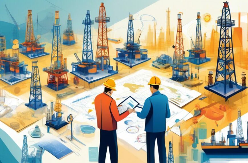 Create a detailed illustration of professionals in a corporate setting evaluating different aspects of oil and gas development projects. They are surrounded by charts, maps, and technical equipment. The background features an oil rig and a gas plant, symbolizing both sectors. Everything is depicted in a modern and clean art style, emphasizing decision-making and strategic planning.