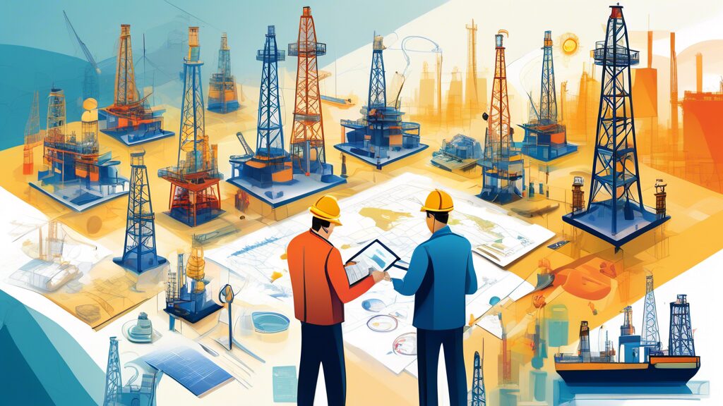 Create a detailed illustration of professionals in a corporate setting evaluating different aspects of oil and gas development projects. They are surrounded by charts, maps, and technical equipment. The background features an oil rig and a gas plant, symbolizing both sectors. Everything is depicted in a modern and clean art style, emphasizing decision-making and strategic planning.