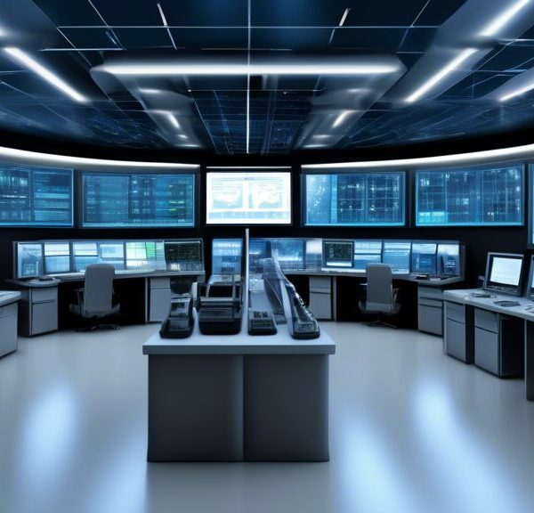 Create a detailed image of a high-tech control room for an energy company. The room should feature advanced IT infrastructure, including large digital screens displaying real-time energy grids, server