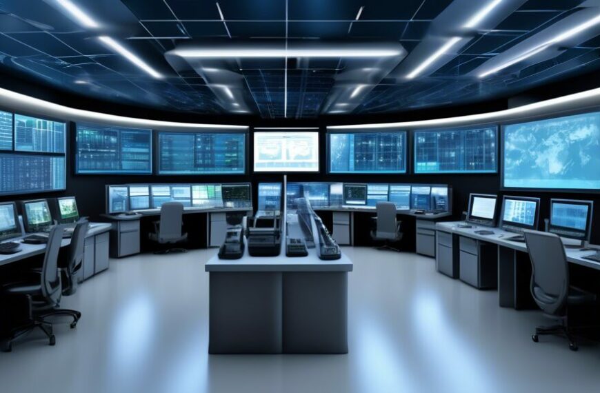 Create a detailed image of a high-tech control room for an energy company. The room should feature advanced IT infrastructure, including large digital screens displaying real-time energy grids, server