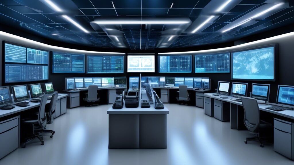 Create a detailed image of a high-tech control room for an energy company. The room should feature advanced IT infrastructure, including large digital screens displaying real-time energy grids, server