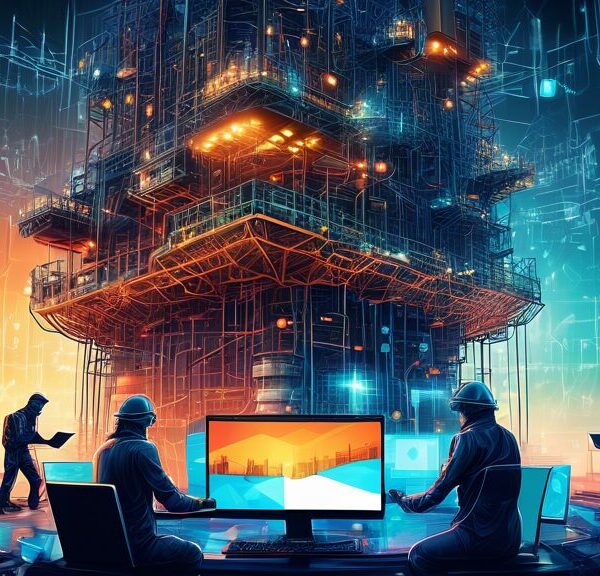 Create a detailed image of an oil rig surrounded by advanced cybersecurity elements, such as digital shields, padlocks, and binary codes. Show cybersecurity professionals working on laptops and comple