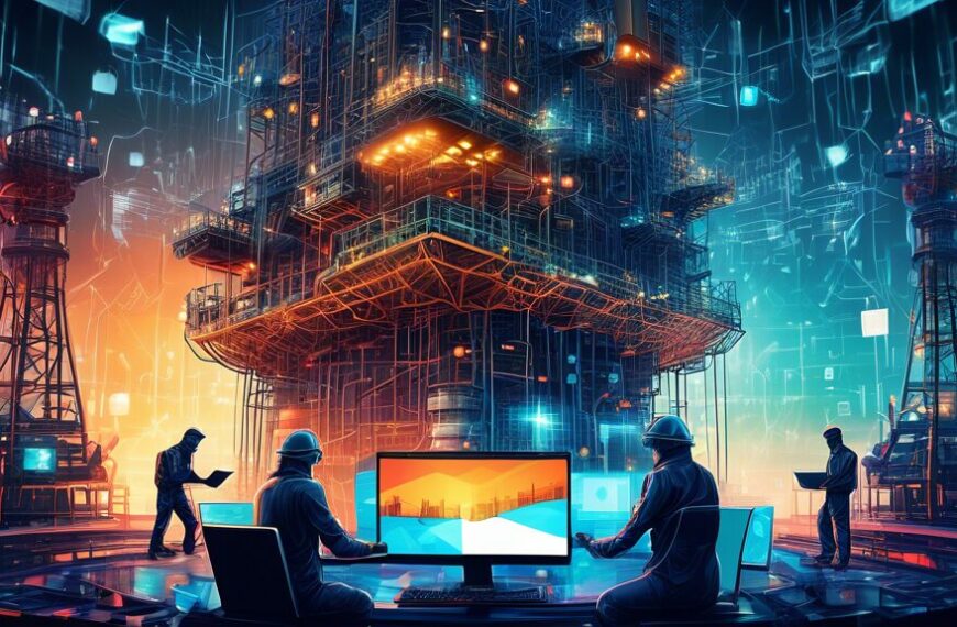 Create a detailed image of an oil rig surrounded by advanced cybersecurity elements, such as digital shields, padlocks, and binary codes. Show cybersecurity professionals working on laptops and comple