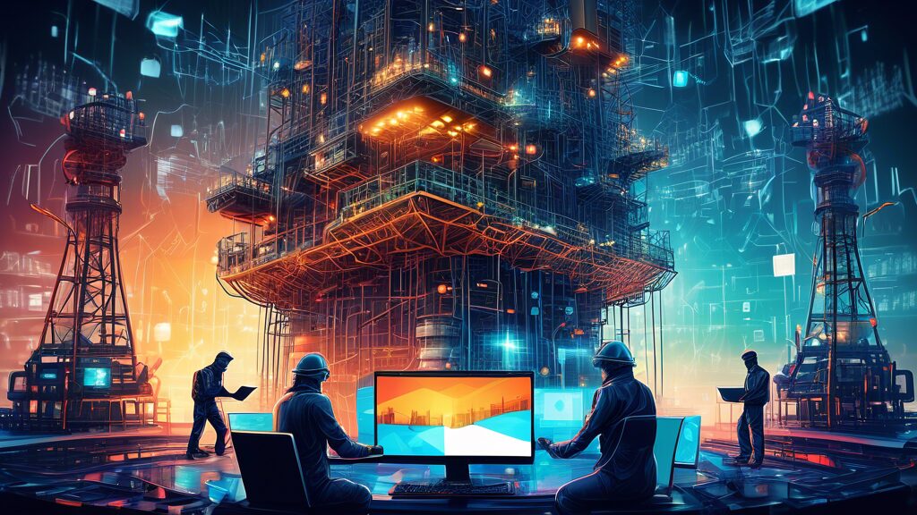 Create a detailed image of an oil rig surrounded by advanced cybersecurity elements, such as digital shields, padlocks, and binary codes. Show cybersecurity professionals working on laptops and comple