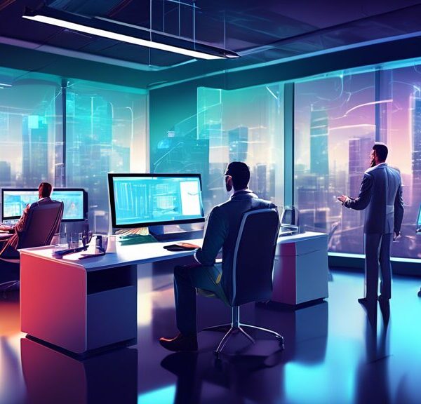 Create a high-tech office scene showcasing various IT solutions for asset optimization. Include advanced computer systems, augmented reality displays, data analytics charts on screens, and professiona