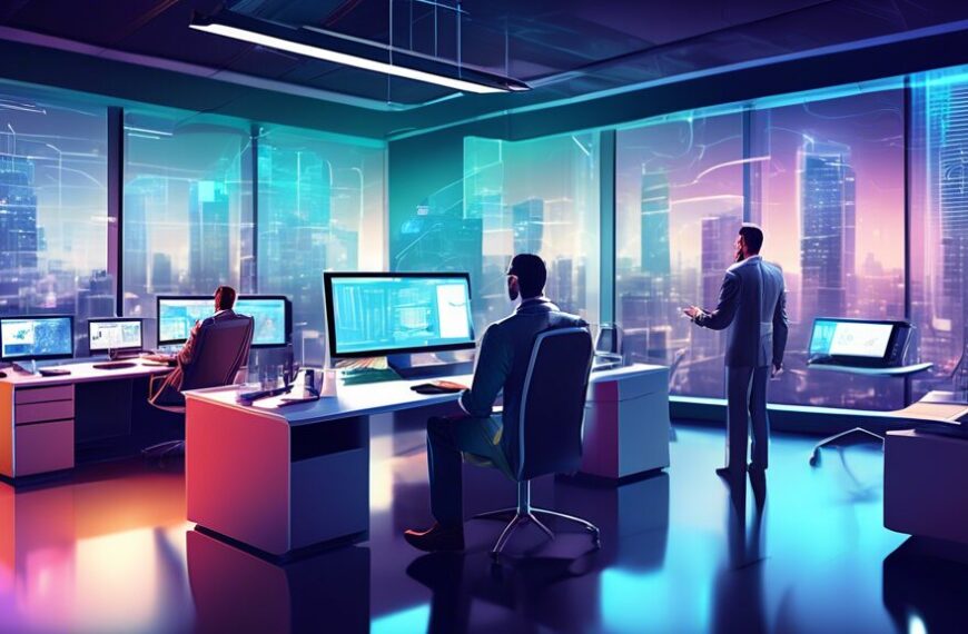 Create a high-tech office scene showcasing various IT solutions for asset optimization. Include advanced computer systems, augmented reality displays, data analytics charts on screens, and professiona