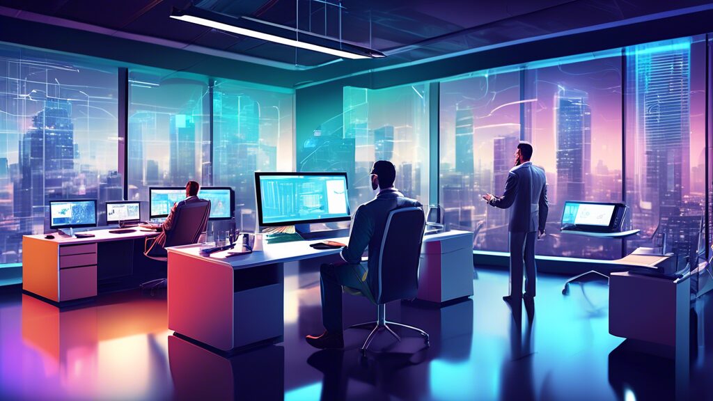 Create a high-tech office scene showcasing various IT solutions for asset optimization. Include advanced computer systems, augmented reality displays, data analytics charts on screens, and professiona