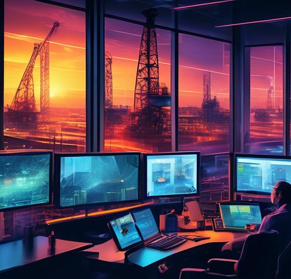 Create an image showcasing advanced IT solutions in the oil and gas sector, featuring scenes of futuristic control rooms with technicians monitoring drilling operations on large screens, automated oil