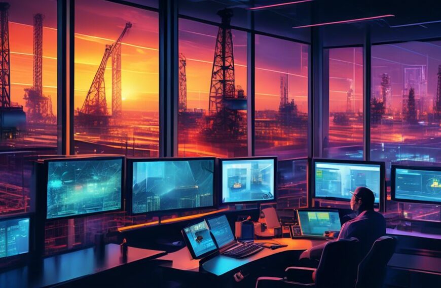 Create an image showcasing advanced IT solutions in the oil and gas sector, featuring scenes of futuristic control rooms with technicians monitoring drilling operations on large screens, automated oil