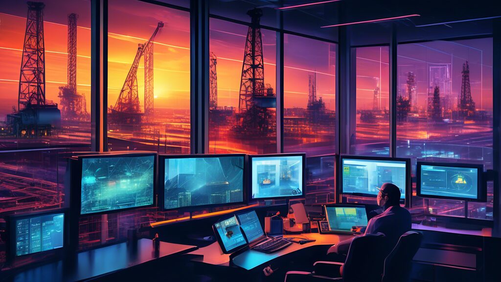 Create an image showcasing advanced IT solutions in the oil and gas sector, featuring scenes of futuristic control rooms with technicians monitoring drilling operations on large screens, automated oil